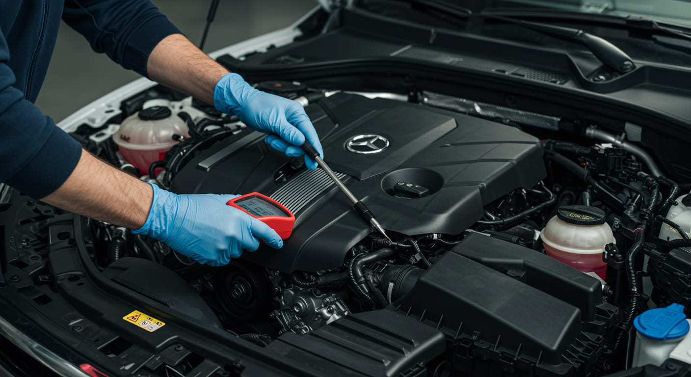 Técnico revisando niveles en motor de coche alemán